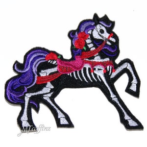 Prancing Stallion Horse Skeleton Iron On Embroidery Patch MTCoffinz