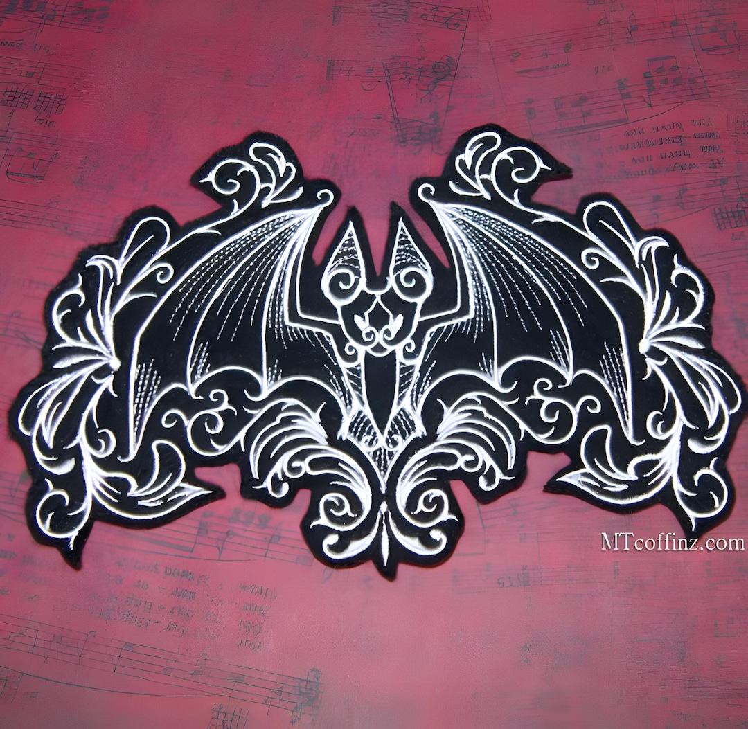 Gothic Bat Patch Black White Damask Bat Iron on Embroidered Bat Patch ...