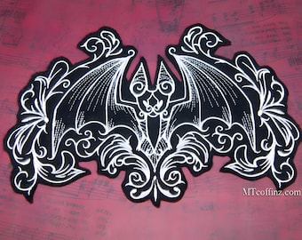 Gothic Bat Patch Black White Damask Bat Iron On Embroidered Bat Patch Iron On Embroidery Patch  - Choose Color / Size