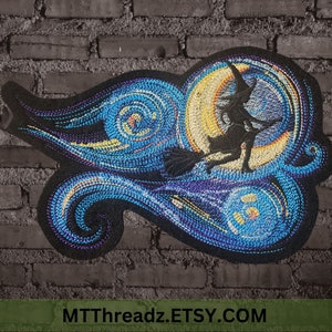 May include: Embroidered patch depicting a witch flying on a broomstick in front of a crescent moon and swirling blue and yellow clouds, reminiscent of Van Gogh's Starry Night.