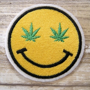 Retro Happy Smile Face Pot Leaf Merit Badge Iron On Embroidery Patch MTCoffinz