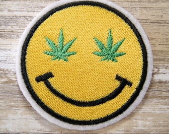 Retro Happy Smile Face Pot Leaf Merit Badge Iron On Embroidery Patch MTCoffinz