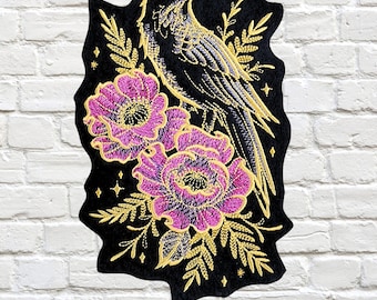 Gilded Raven Patch SteamPunk Black Raven with Red Gold Flowers Vintage Style Iron On Embroidery