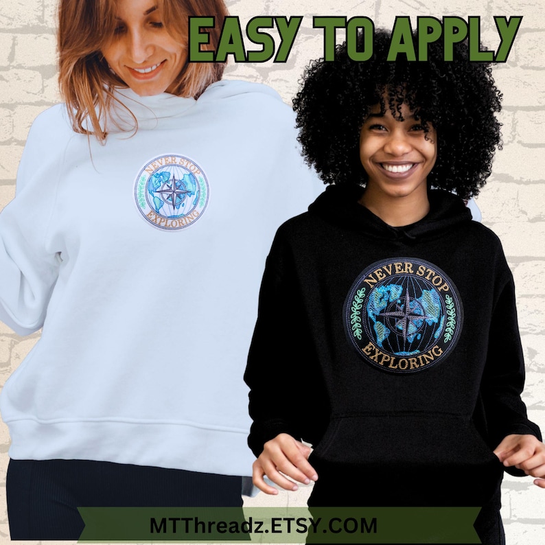 May include: Two hooded sweatshirts with a blue and green embroidered patch that says "Never Stop Exploring" and features a compass and a globe. The sweatshirts are light blue and black.