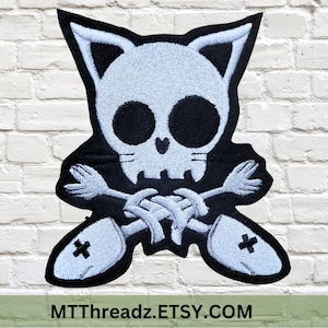 Cat Skull Crossbones Patch Kitty Skull and Crossbones Fish Skeleton Iron On Embroidery Patch MTCoffinz - Choose Size
