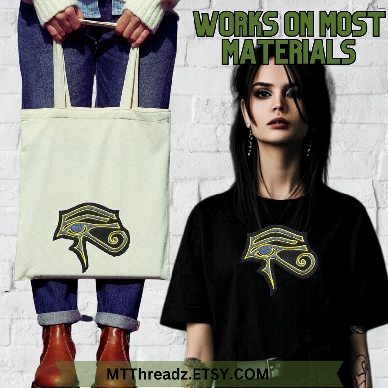 Puede incluir: Una bolsa de tela y una camiseta negra, ambas con un dise&ntilde;o bordado del ojo de Horus. El texto "WORKS ON MOST MATERIALS" se muestra sobre la imagen.