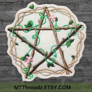 May include: Embroidered patch featuring a brown pentagram design with green vines, leaves, and pink flowers. The pentagram is surrounded by a beige border and vines. The text "MTThreadz.ETSY.COM" is at the bottom.