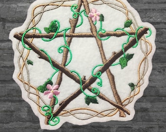 Pentagram Vines Patch Wiccan Pentacle Patch Vines Flowers and Pentagram Iron On Embroidery Patch - Choose Size