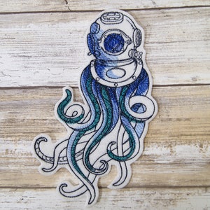Deep Blue Octopus Diving Bell Iron On Embroidery Patch MTCoffinz - Choose Size