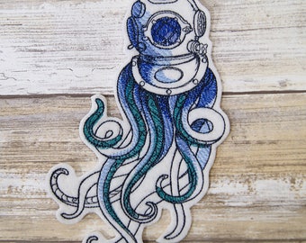 Deep Blue Octopus Diving Bell Iron On Embroidery Patch MTCoffinz - Choose Size