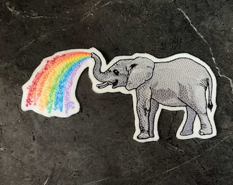 Sample SALE Rainbow Elephant Rainbow Waterspout Embroidery - Iron On Embroidery Patch - Ready to Ship LAST ONE
