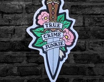 True Crime Junkie Embroidery Patch Mystery Adventure Iron On Embroidered Patch Dagger Roses Patch