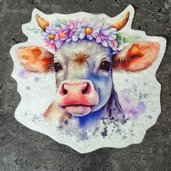 Floral Baby Cow with Flower Tiara - Iron On Fabric Patch MTCoffinz - Choose Size