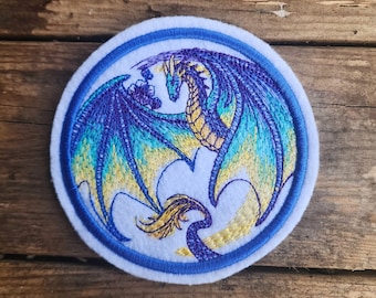 Sample SALE Dragon in Flight Patch Blue Dragon Round Merit Badge style Flying Dragon Patch Dragon Wings Iron On Ready to Ship LAST ONE