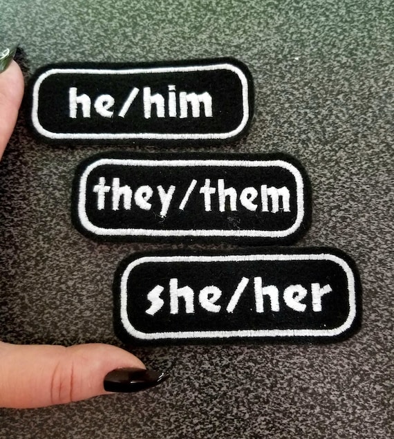 Gender They Them he Him She Her Name Tag Iron On Embroidery Patch MTCoffinz - Black White