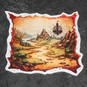 May include: A vintage-style map with a red border, depicting a winding path through a landscape with mountains, a river, and a flying airship in the sky.