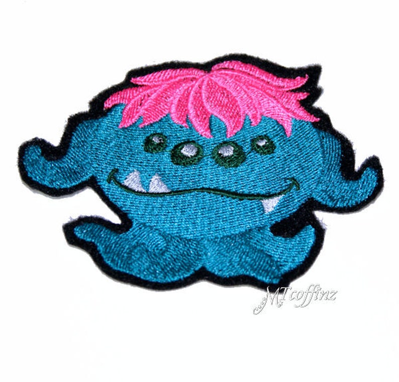 Teal Pink 4 Eyed Space Monster Iron On Embroidery Patch MTCoffinz image 1