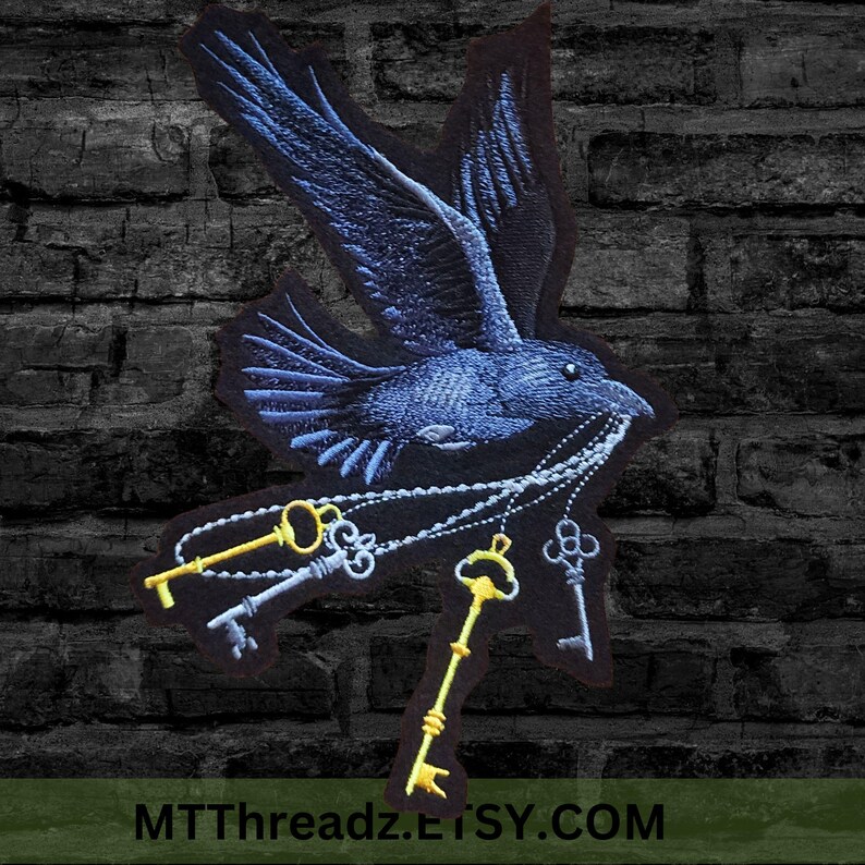 Raven Patch SteamPunk Black Raven with Brass Skeleton Keys Flying Corvid Iron On Embroidery Patch image 6