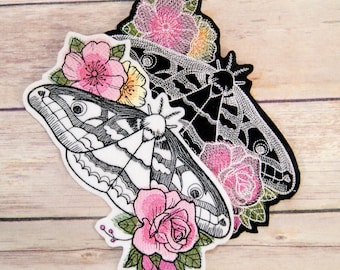 Moth Flowers Gothic Dire Blooms Iron On Embroidery Patch MTCoffinz - Choose Size/Color