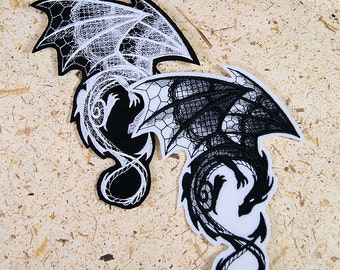 Dragon Midnight Creatures White Baroque Iron On Embroidery Patch MTCoffinz - Choose Size / Color