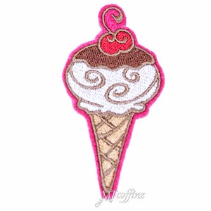 May include: An embroidered iron-on patch of an ice cream cone with a cherry on top. The ice cream is white with brown swirls and a brown chocolate topping. The cone is brown and white.