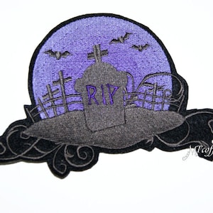 Spooky Purple Graveyard Tombstone Embroidered Iron On Patch MTCoffinz - Choose Size