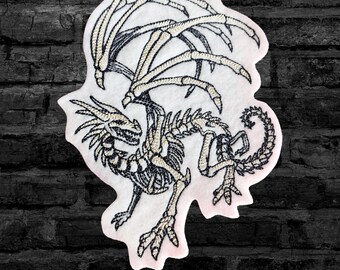 Dragon Skeleton Patch Dragon Bones Patch Black White Iron On Embroidery Patch - Choose Size / Color