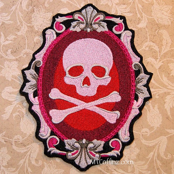 Pink Silver Skull and Crossbones Cameo Frame Iron On Embroidery Patch MTCoffinz - Choose Size