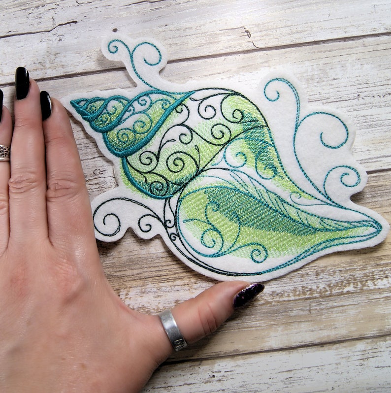 Green Swirl Conch Shell - Iron On Embroidery Patch MTCoffinz - Choose Size image 2