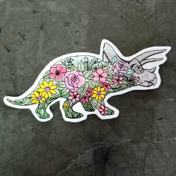 Floral Triceratops Dinosaur Iron On Flower Dinosaur Embroidery Patch MTCoffinz - Choose Size
