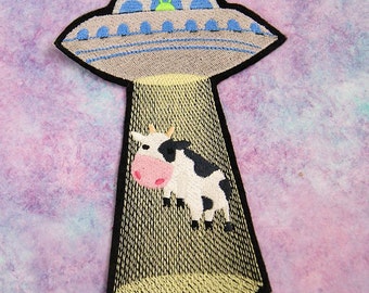 Alien UFO Cow Abduction Iron On Embroidery Patch MTCoffinz - Choose Size