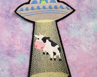 Alien UFO Cow Abduction Iron On Embroidery Patch MTCoffinz - Choose Size
