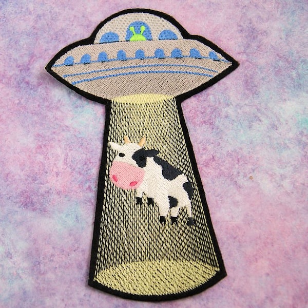 Alien UFO Cow Abduction Iron On Embroidery Patch MTCoffinz - Choose Size