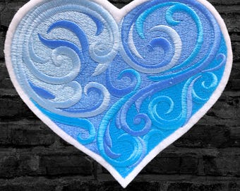 Pastel Blue Heart Patch Blue Baroque Heart Swirls Iron On Embroidery Patch  - Choose Size