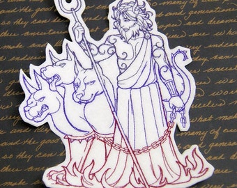May include: A white embroidered patch depicting the Greek god Hades, with three heads of Cerberus, the three-headed dog, and a trident. Hades is wearing a long robe and holding a chain.