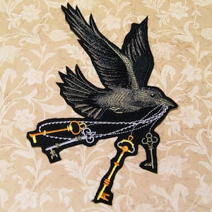 Raven Patch SteamPunk Black Raven with Brass Skeleton Keys Flying Corvid Iron On Embroidery Patch