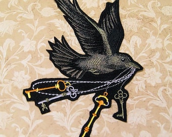 Raven Patch SteamPunk Black Raven with Brass Skeleton Keys Flying Corvid Iron On Embroidery Patch