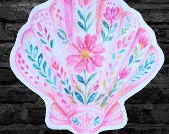 Pink Floral Scallop Shell Pink Girly Summer - Iron On Fabric Patch - Choose Size