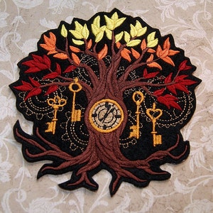 SteamPunk Fall Colored Clock Tree with Skeleton Keys Iron On Embroidery Patch MTCoffinz - Multiple Sizes