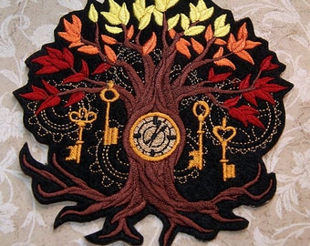 SteamPunk Fall Colored Clock Tree with Skeleton Keys Iron On Embroidery Patch MTCoffinz - Multiple Sizes