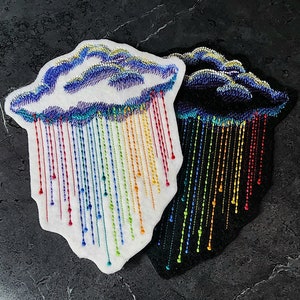 Rainbow Cloud and Raindrops - Iron On Embroidery Patch MTCoffinz - Choose Size/Color