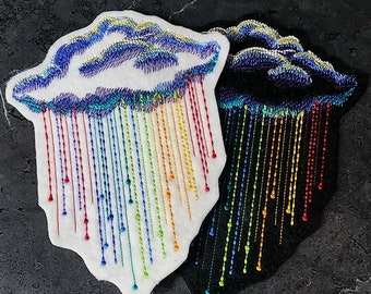 Rainbow Cloud and Raindrops - Iron On Embroidery Patch MTCoffinz - Choose Size/Color