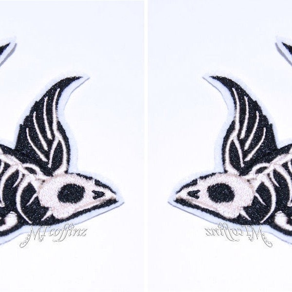 Gothic Swallow Bird Skeleton Rockabilly Iron On Embroidery Patch MTCoffinz - Mirror Pair