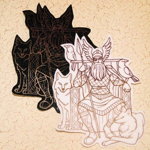May include: Embroidered patch depicting Odin, the Norse god of wisdom, war, and death. He is shown seated on a throne with two wolves and a raven by his side. The patch is outlined in brown thread on a white background.