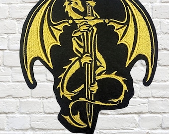 Gilded Dragon Sword Patch - Dragon Crest Patch Regal Heraldry Cosplay Iron On Embroidery Patch Gold Dragon- Choose Size