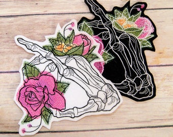 Skeleton Hand Flowers Gothic Dire Blooms Iron On Embroidery Patch MTCoffinz - Choose Size/Color