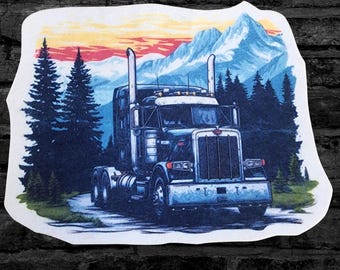 Black Big Rig Truck Driving Through the Mountains Iron On Fabric Patch  - Choose Size