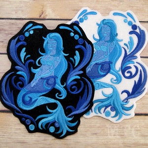 Blue Mermaid Baroque Seas - Iron On Embroidery Patch MTCoffinz - Choose Size / Color