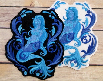 Blue Mermaid Baroque Seas - Iron On Embroidery Patch MTCoffinz - Choose Size / Color