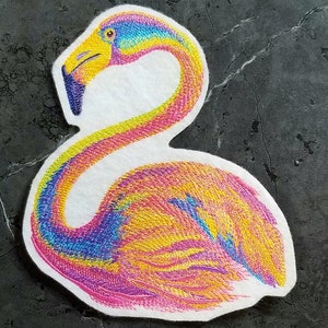 Rainbow Watercolor Flamingo Iron On Embroidery Patch MTCoffinz - Choose Size